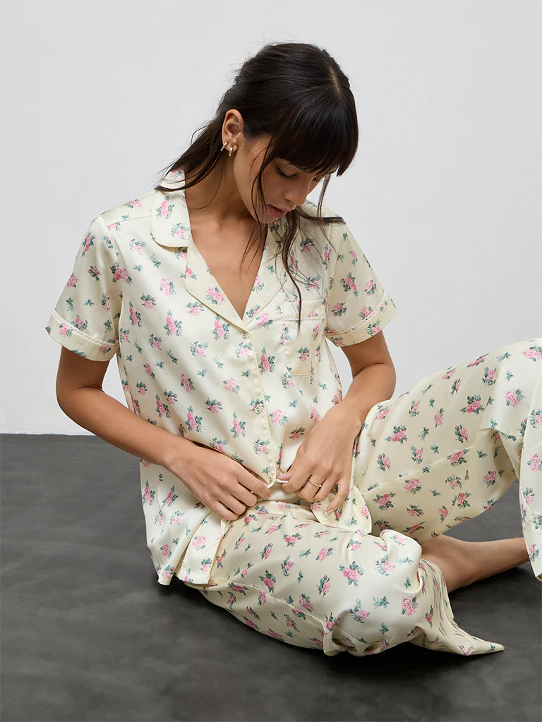 Wunderlove Light Yellow Floral Printed Shirt and Pyjamas Set - Image 3