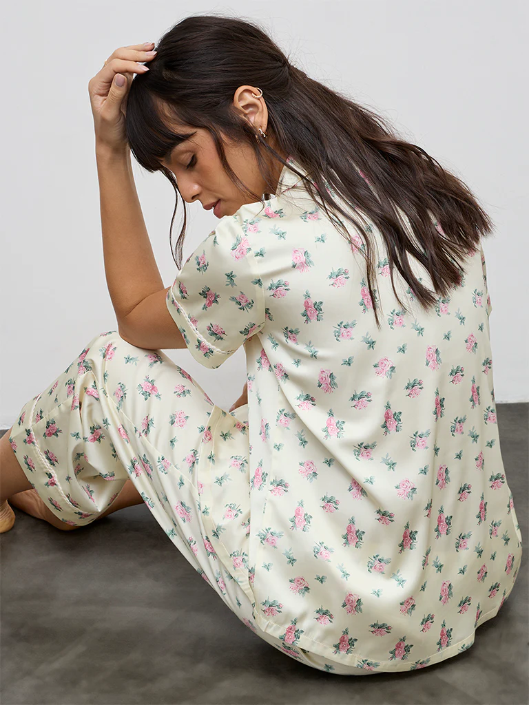 Wunderlove Light Yellow Floral Printed Shirt and Pyjamas Set - Image 4