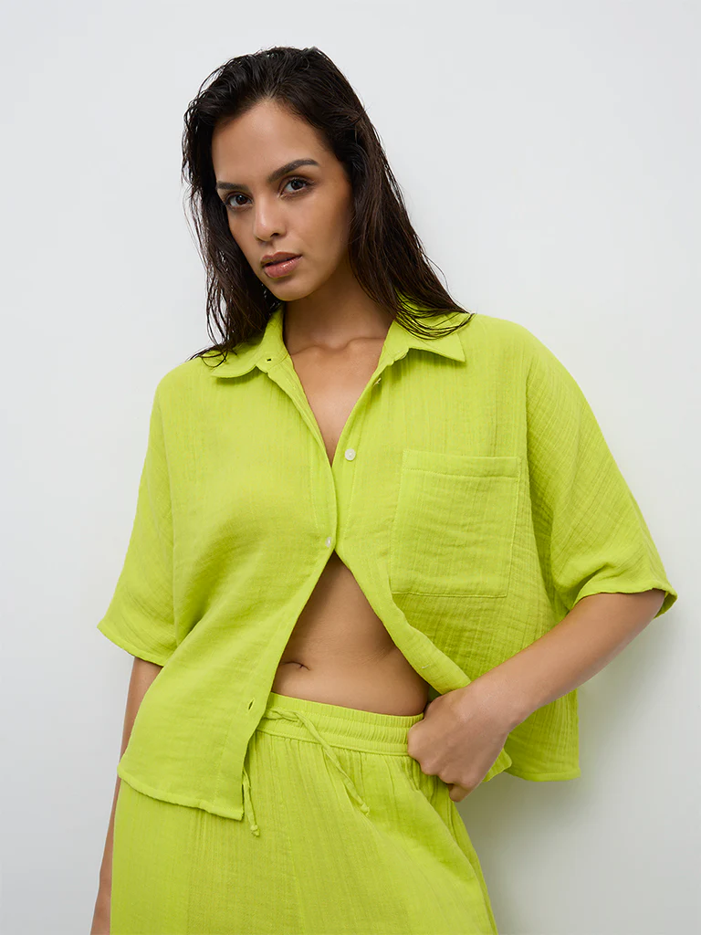 Wunderlove Lime Crinkle-Textured Cotton Beach Shirt