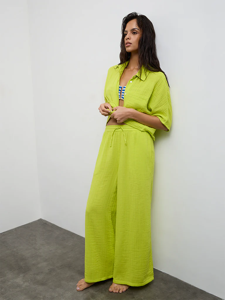 Wunderlove Lime Crinkle-Textured High-Rise Cotton Beach Pants