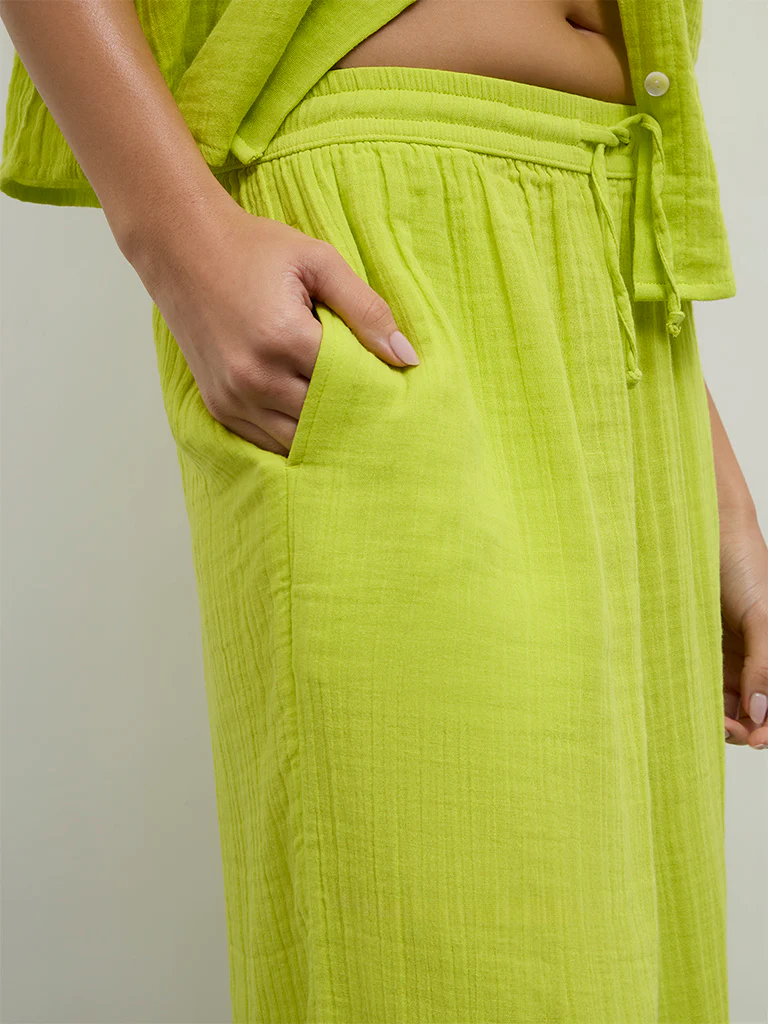 Wunderlove Lime Crinkle-Textured High-Rise Cotton Beach Pants - Image 3