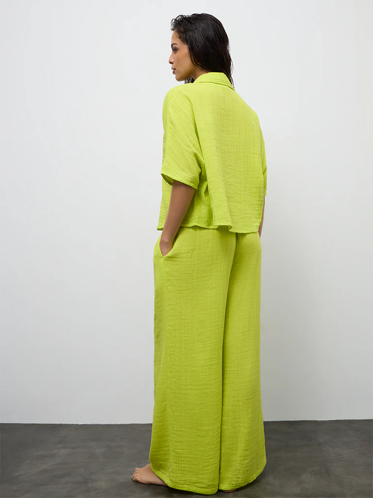 Wunderlove Lime Crinkle-Textured High-Rise Cotton Beach Pants - Image 4