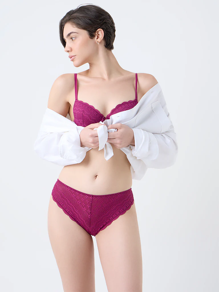 Wunderlove Magenta Lace Design Brazilian Briefs