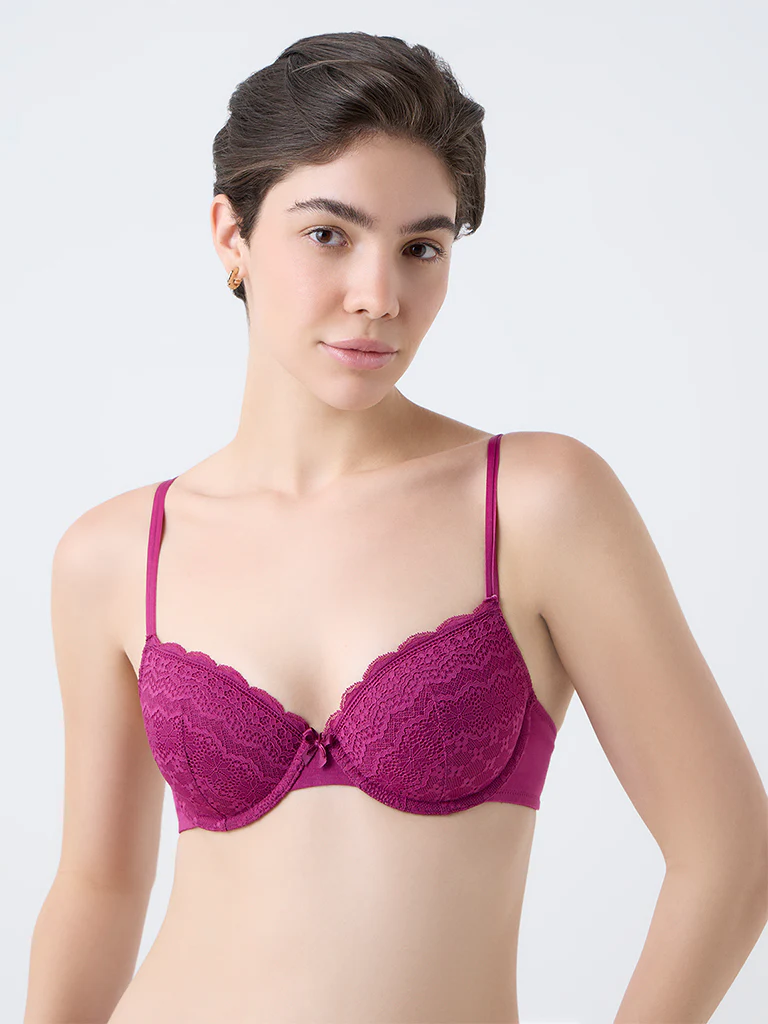 Wunderlove Magenta Lace Design Underwired Bra - Image 2