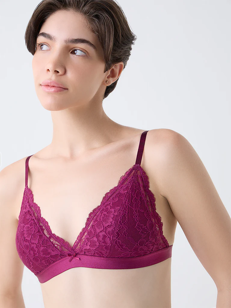 Wunderlove Maroon Lace Cotton-Blend Padded Bra - Image 3