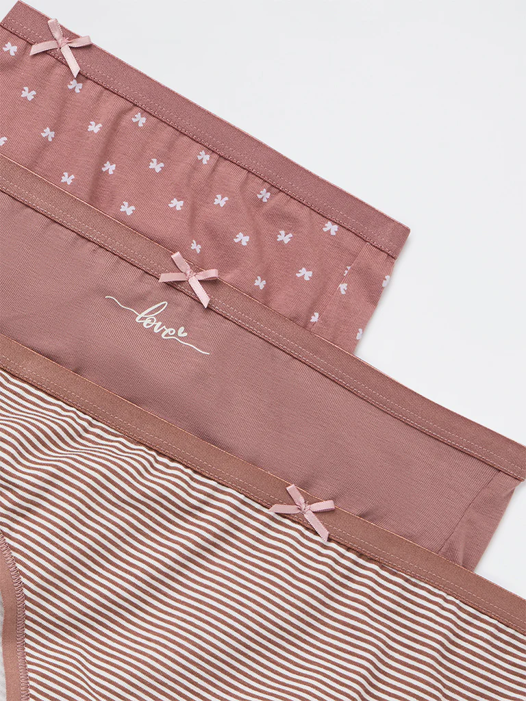 Wunderlove Mauve Bikini Cotton-Blend Briefs - Pack of 3 - Image 6
