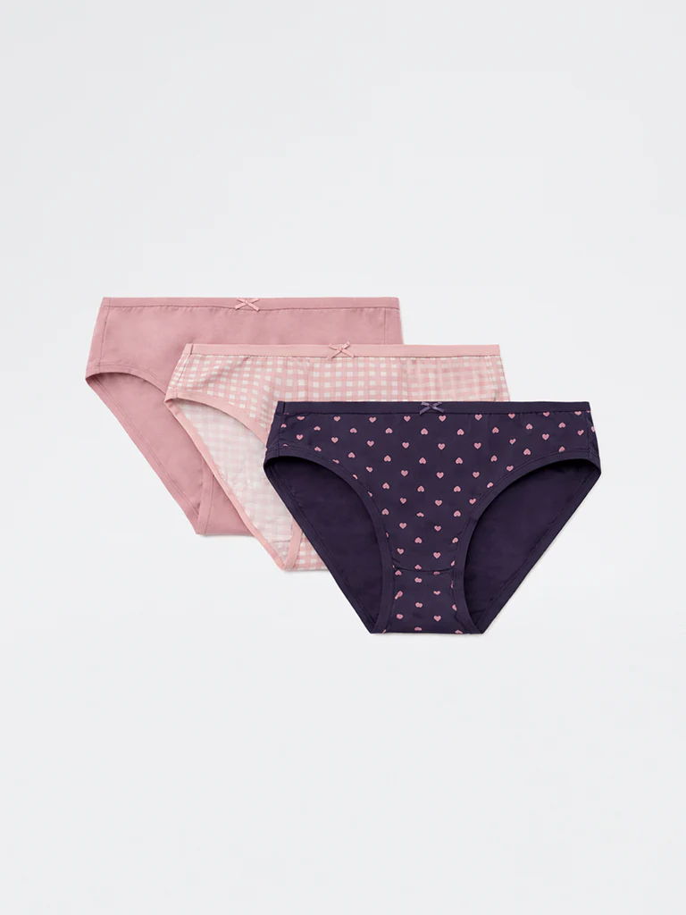 Wunderlove Mauve Checkered Printed Cotton-Blend Hi-Leg Briefs - Pack of 3 - Image 2