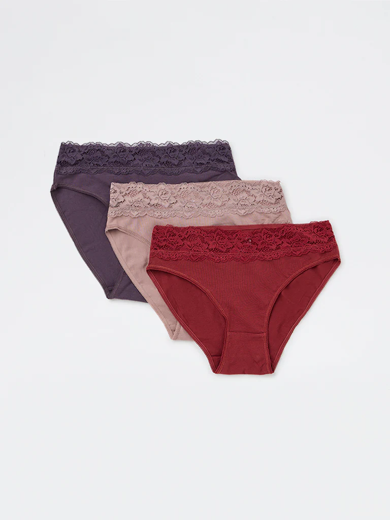 Wunderlove Mauve Lace Detailed Hi-Leg Cotton-Blend Briefs - Pack of 3 - Image 2