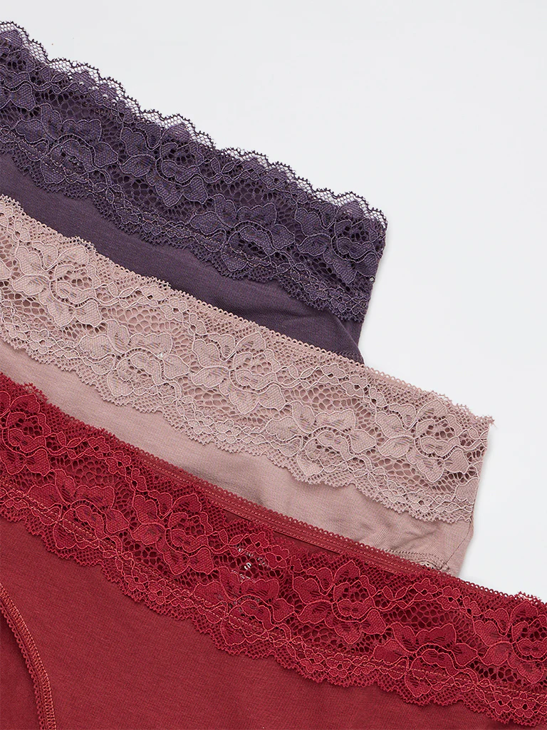 Wunderlove Mauve Lace Detailed Hi-Leg Cotton-Blend Briefs - Pack of 3 - Image 8