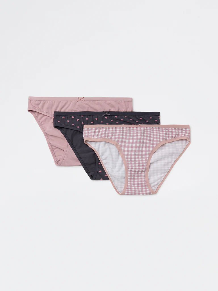 Wunderlove Mauve Printed Cotton-Blend Bikini Briefs - Pack of 3 - Image 2