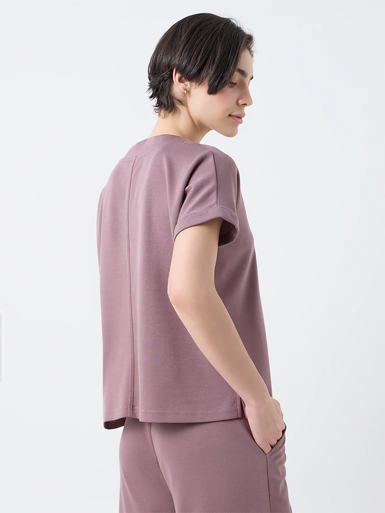 Wunderlove Mauve Solid V-Neck Top - Image 4