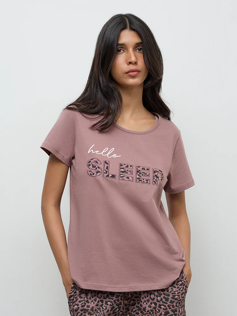 Wunderlove Mauve Typographic Cotton T-Shirt