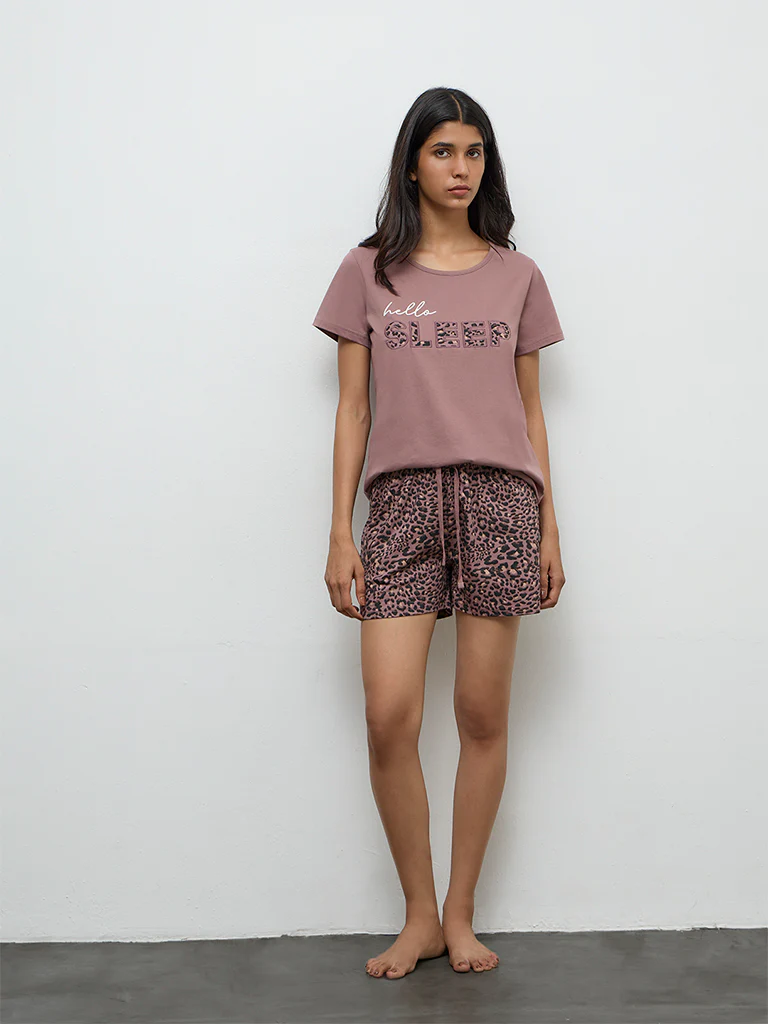 Wunderlove Mauve Typographic Cotton T-Shirt - Image 2