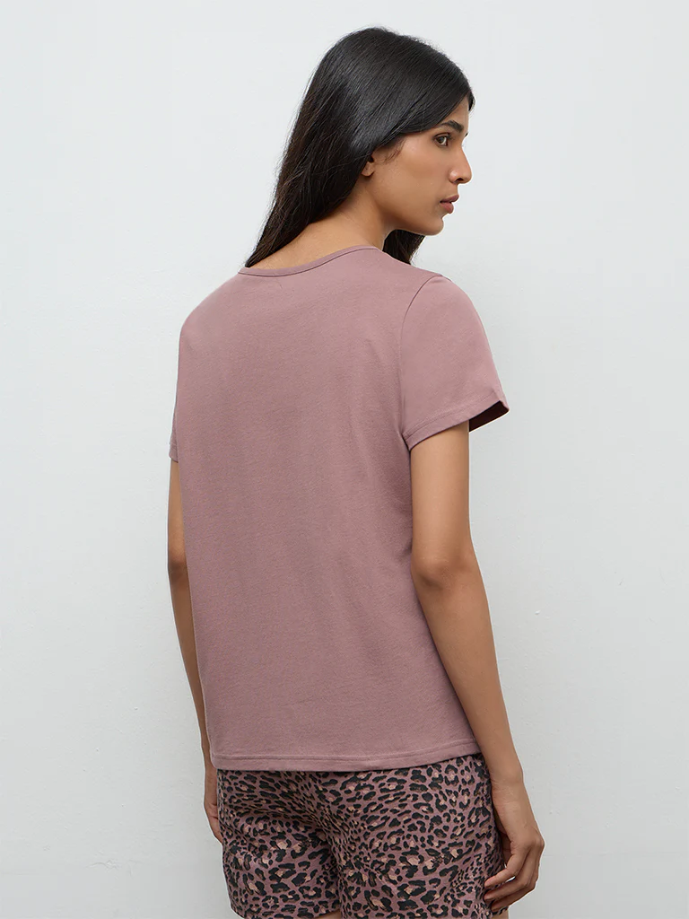 Wunderlove Mauve Typographic Cotton T-Shirt - Image 4