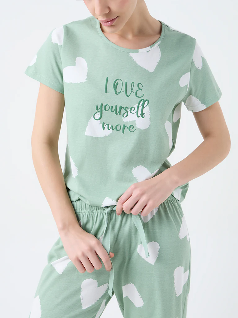 Wunderlove Mint Heart Printed Cotton T-Shirt and Pyjamas Set - Image 3