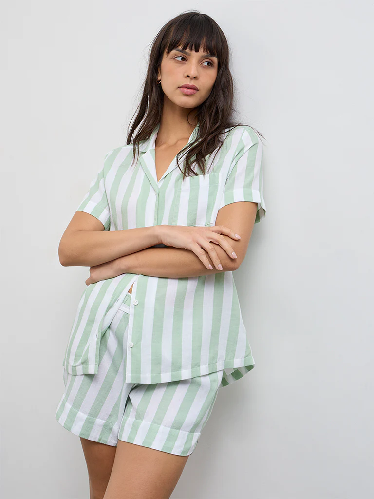 Wunderlove Mint Striped Cotton Shirt and Shorts Set - Image 2