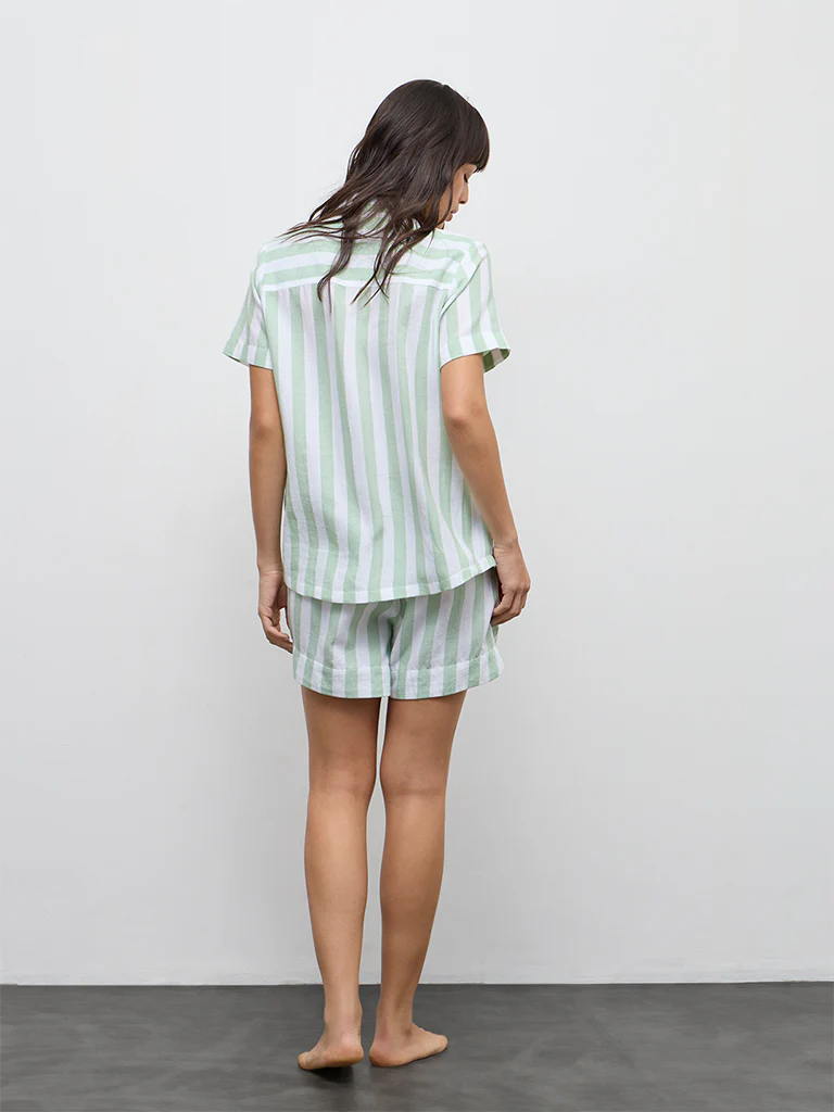 Wunderlove Mint Striped Cotton Shirt and Shorts Set - Image 4