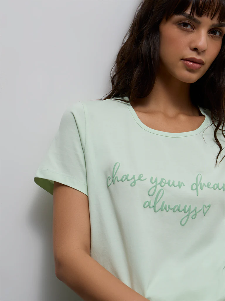 Wunderlove Mint Text Design Cotton T-Shirt - Image 3