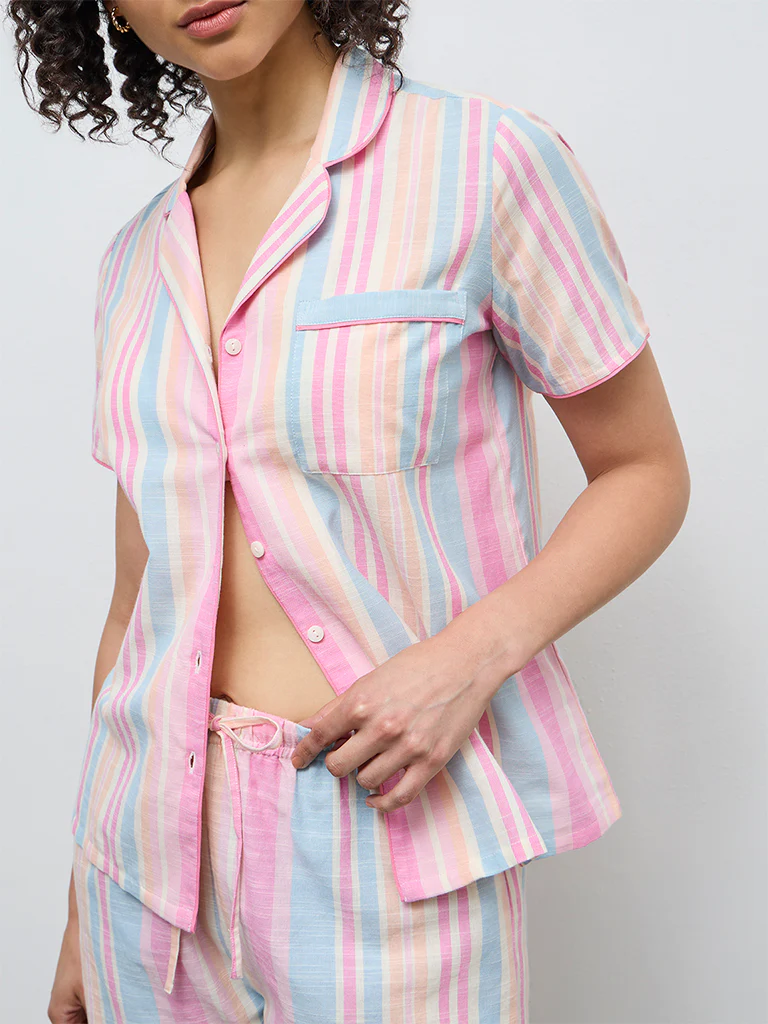Wunderlove Multicolour Striped Cotton Shirt and Shorts Set - Image 3