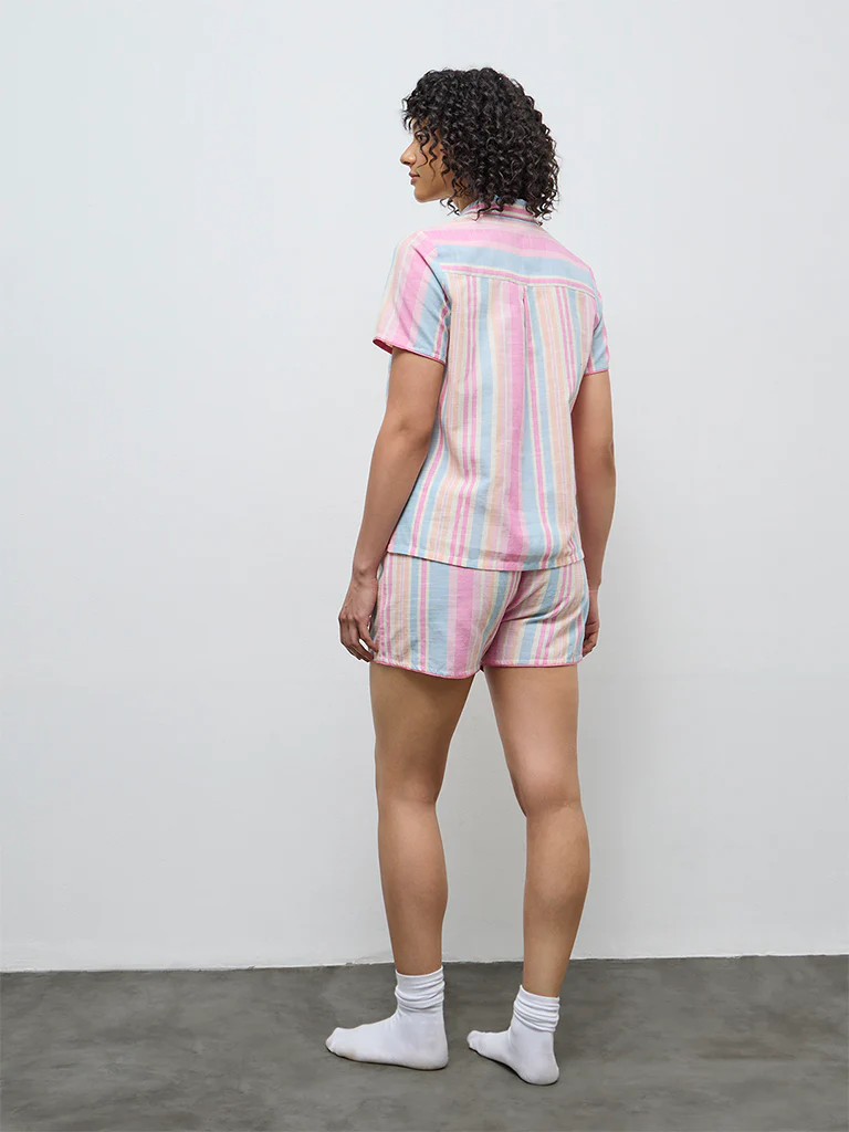 Wunderlove Multicolour Striped Cotton Shirt and Shorts Set - Image 4