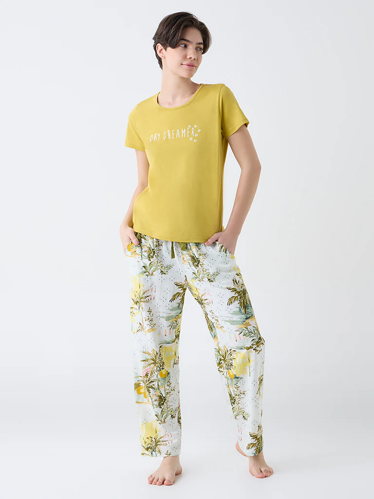 Wunderlove Mustard Text Design Cotton T-Shirt - Image 2