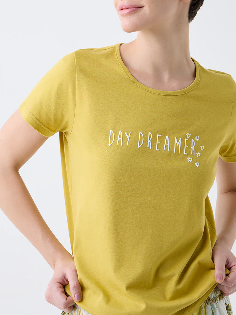 Wunderlove Mustard Text Design Cotton T-Shirt - Image 3