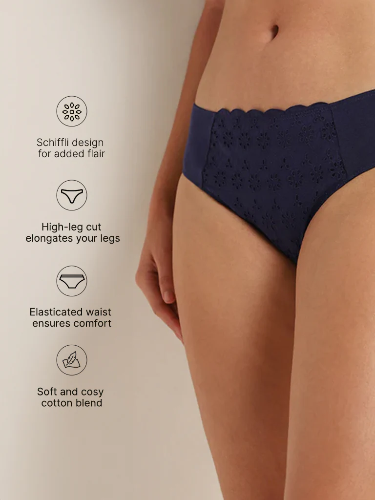 Wunderlove Navy Broiderie Cotton-Blend High-Leg Briefs - Image 4