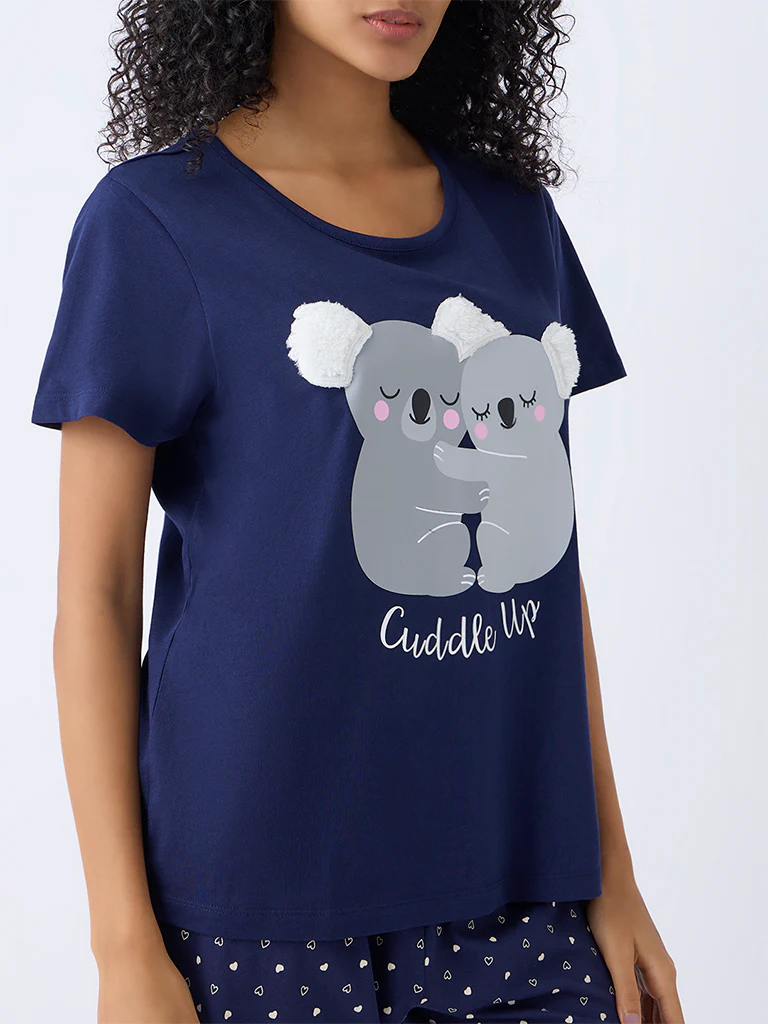 Wunderlove Navy Koala Bear Cotton T-Shirt and Pyjama Set - Image 3