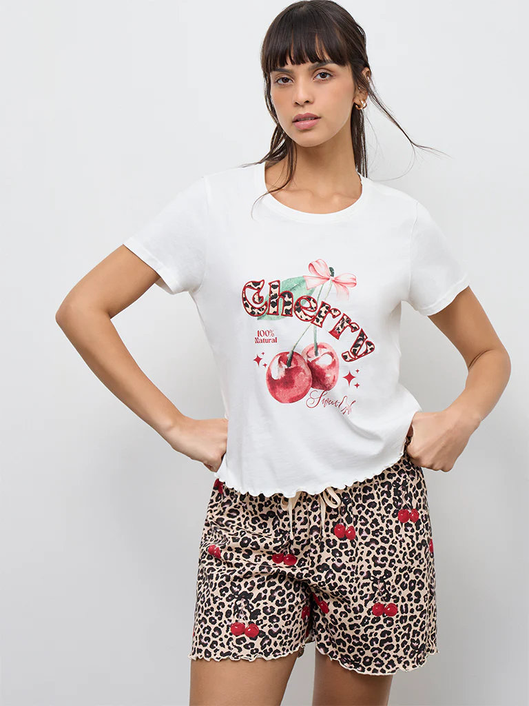Wunderlove Off-White Printed Cotton T-Shirt and Shorts Set