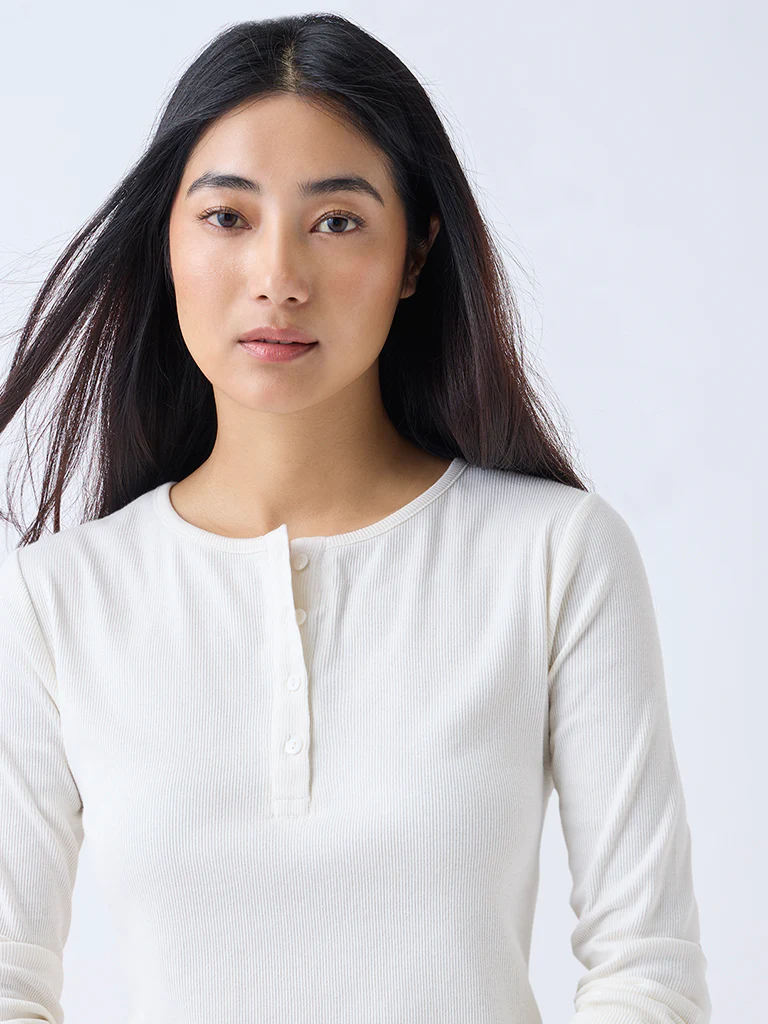 Wunderlove Off-White Ribbed Cotton-Blend Top - Image 3