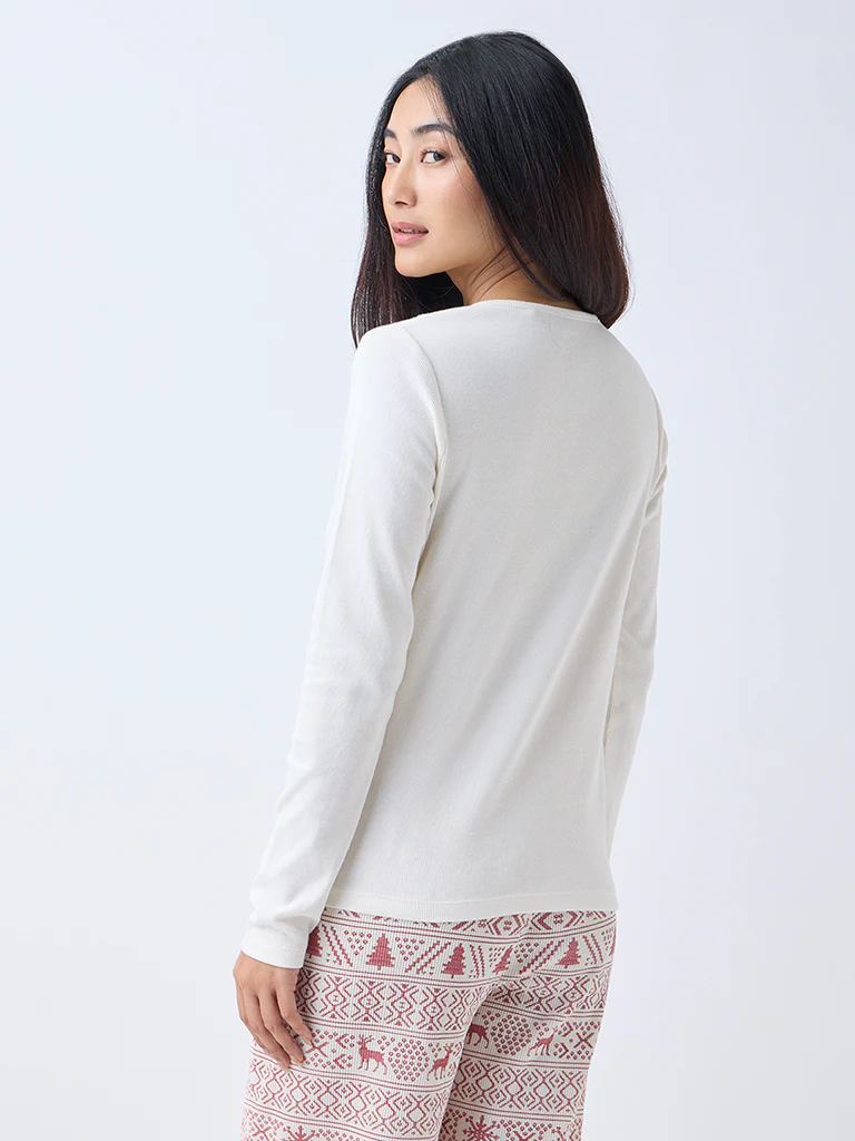 Wunderlove Off-White Ribbed Cotton-Blend Top - Image 4