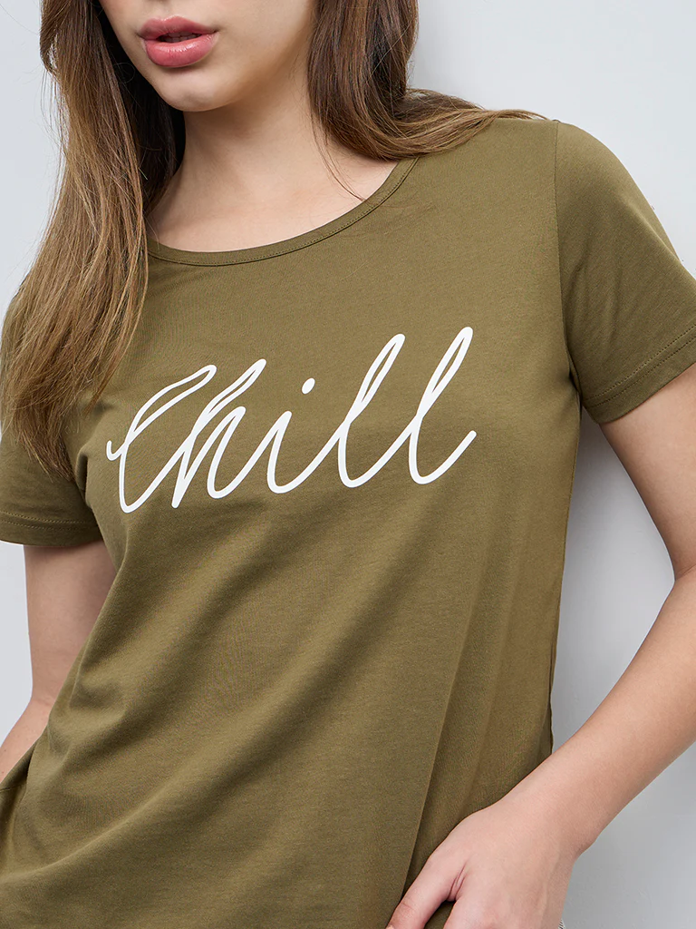 Wunderlove Olive Text Design Cotton T-Shirt - Image 3
