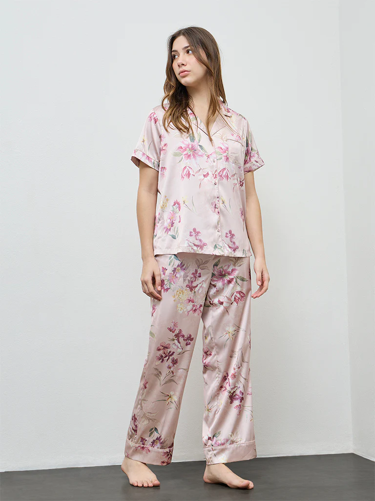Wunderlove Peach Floral Shirt and Pyjama Set