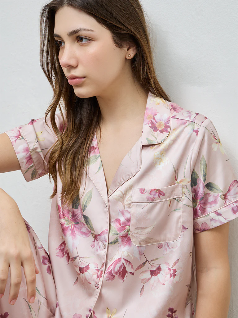 Wunderlove Peach Floral Shirt and Pyjama Set - Image 3