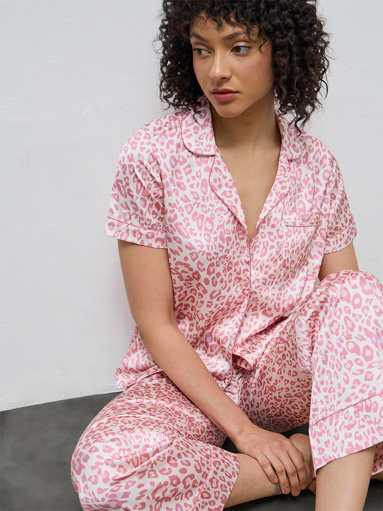 Wunderlove Pink Animal Satin Shirt and Pyjama Set - Image 2