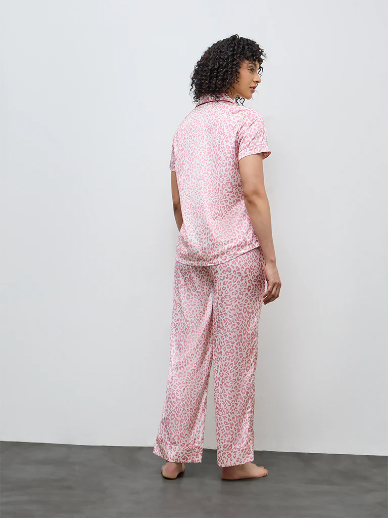 Wunderlove Pink Animal Satin Shirt and Pyjama Set - Image 4