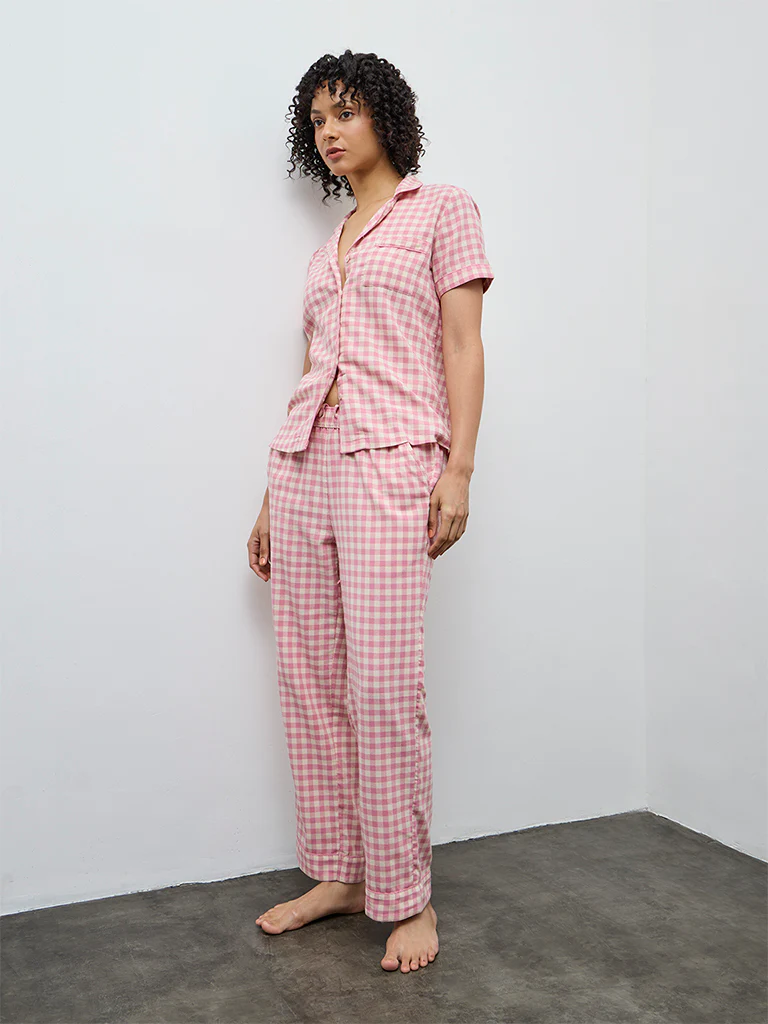 Wunderlove Pink Checkered Cotton Shirt and Pyjamas Set - Image 2