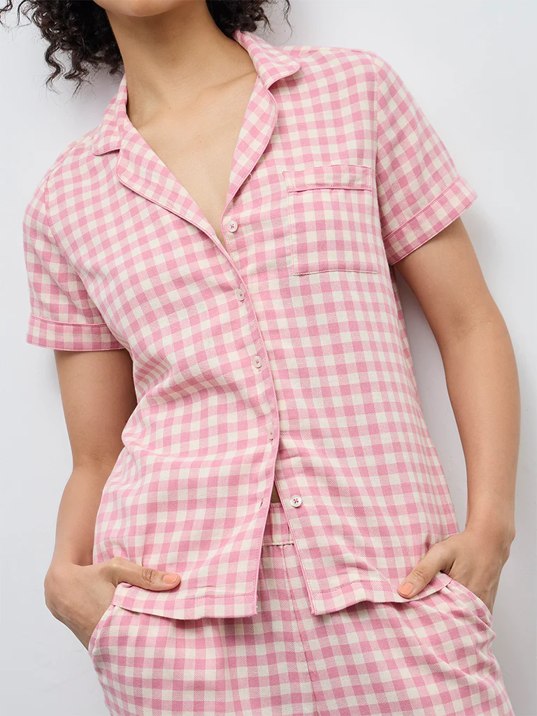 Wunderlove Pink Checkered Cotton Shirt and Pyjamas Set - Image 3