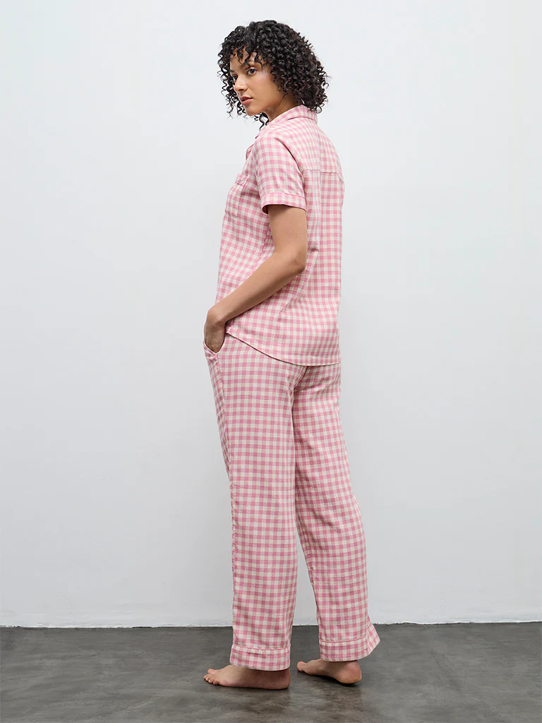 Wunderlove Pink Checkered Cotton Shirt and Pyjamas Set - Image 4