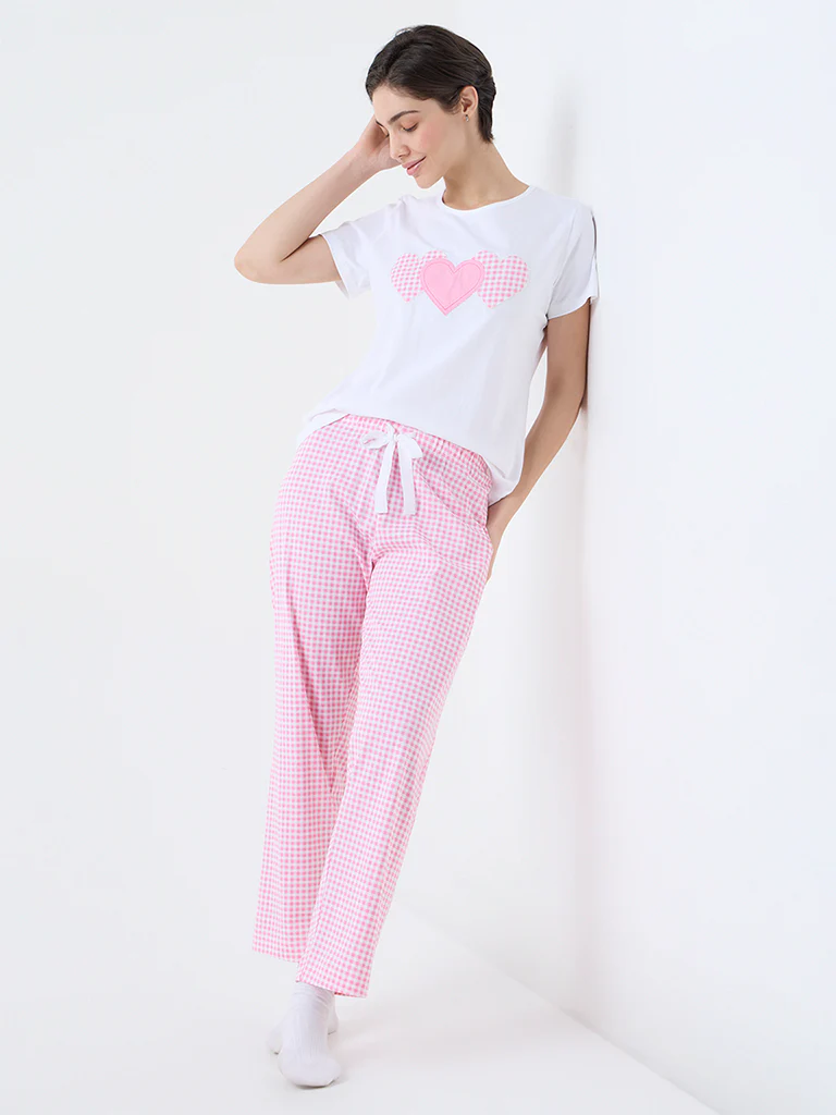 Wunderlove Pink Checkered Cotton T-Shirt and Pyjamas Set