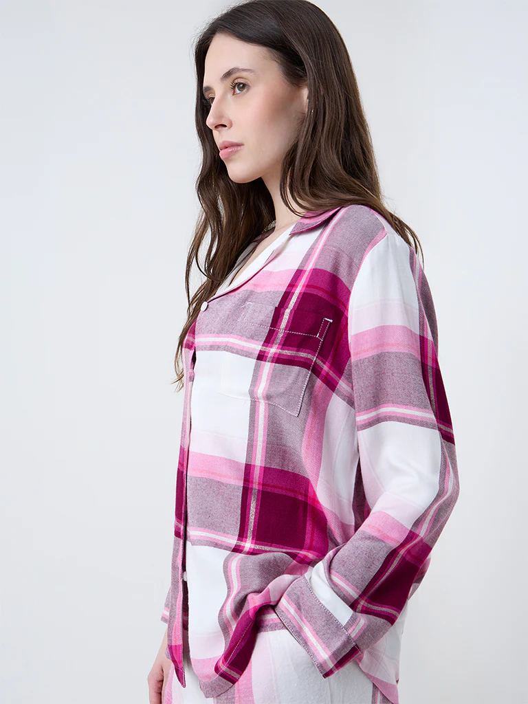 Wunderlove Pink Checkered Shirt with Pyjama Set - Image 3