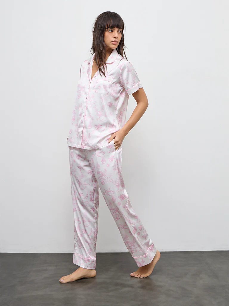 Wunderlove Pink Floral Printed Shirt and Pyjamas Set - Image 2