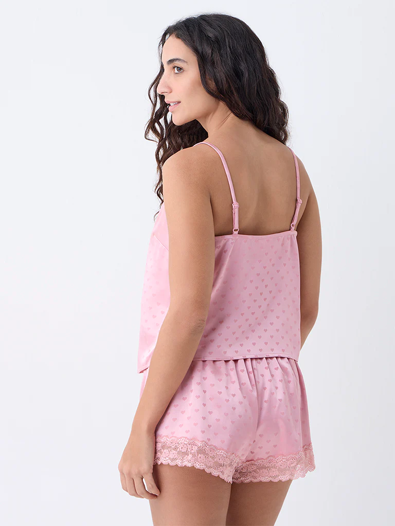 Wunderlove Pink Heart Printed Satin Camisole - Image 4