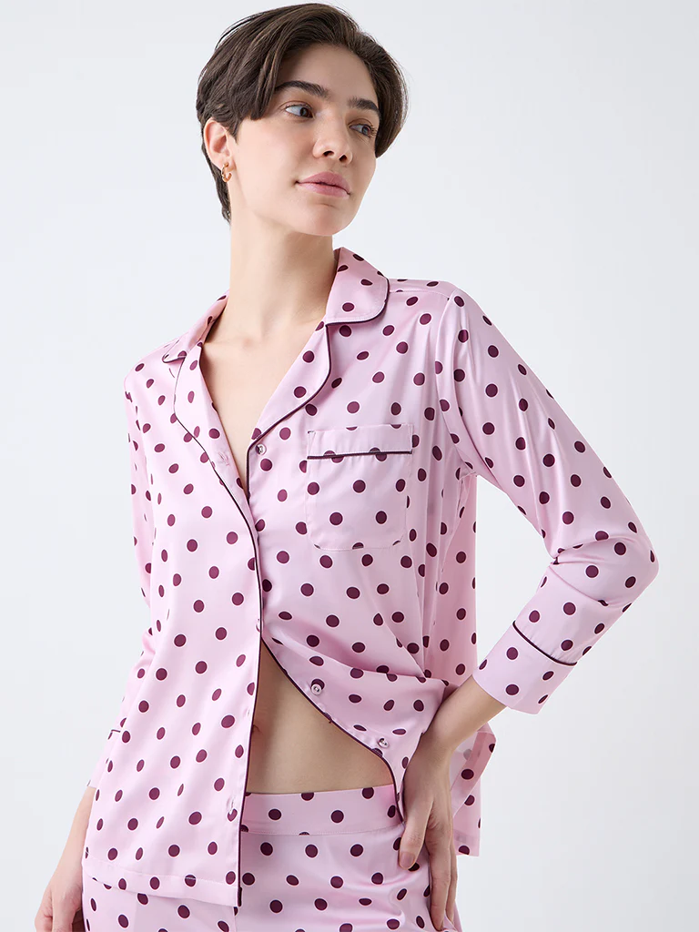 Wunderlove Pink Polka Dotted Satin Shirt with Pyjamas Set - Image 3