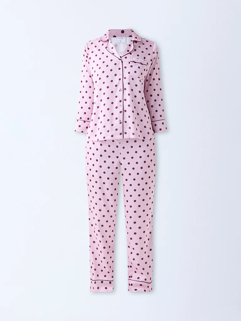 Wunderlove Pink Polka Dotted Satin Shirt with Pyjamas Set - Image 5