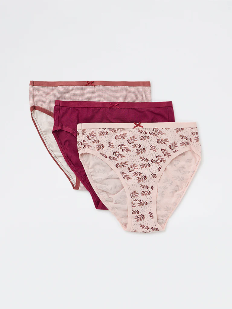 Wunderlove Pink Printed Cotton-Blend Hi-Leg Briefs - Pack of 3 - Image 2