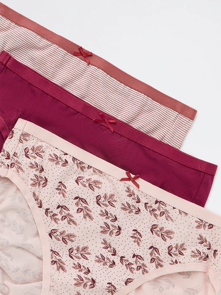 Wunderlove Pink Printed Cotton-Blend Hi-Leg Briefs - Pack of 3 - Image 8