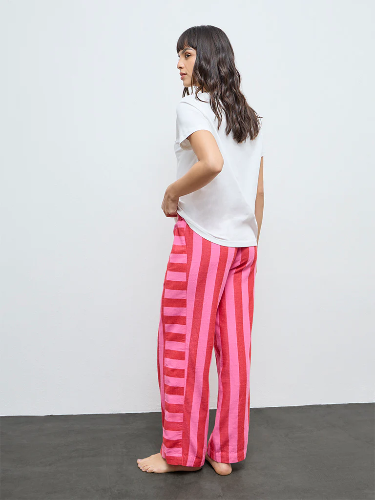 Wunderlove Pink Striped Cotton-Blend High-Rise Pants - Image 4