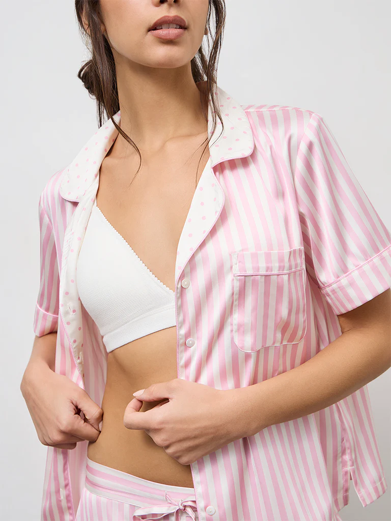 Wunderlove Pink Striped Satin Shirt and Shorts Set - Image 3