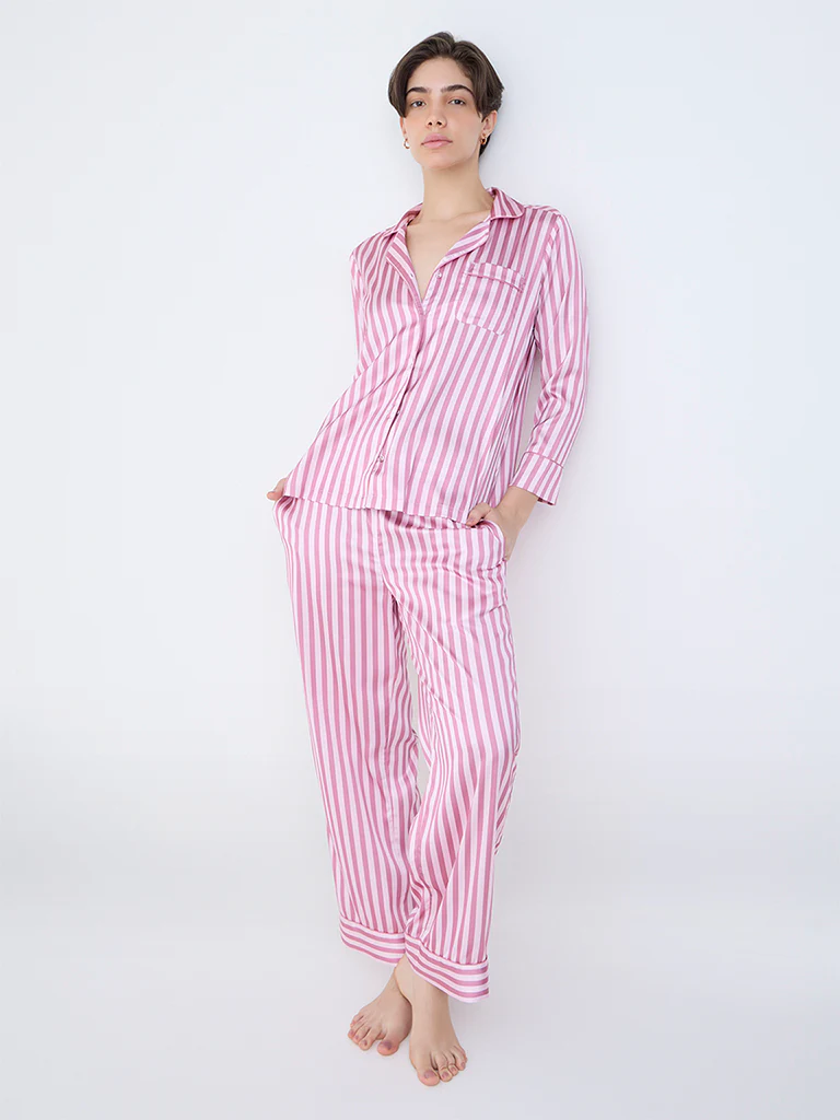 Wunderlove Pink Striped Satin Shirt with Pyjamas Set - Image 2